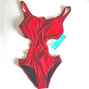 NWT long Profile By Gottex Cut Out One Piece Swimsuit monokini red cutout
